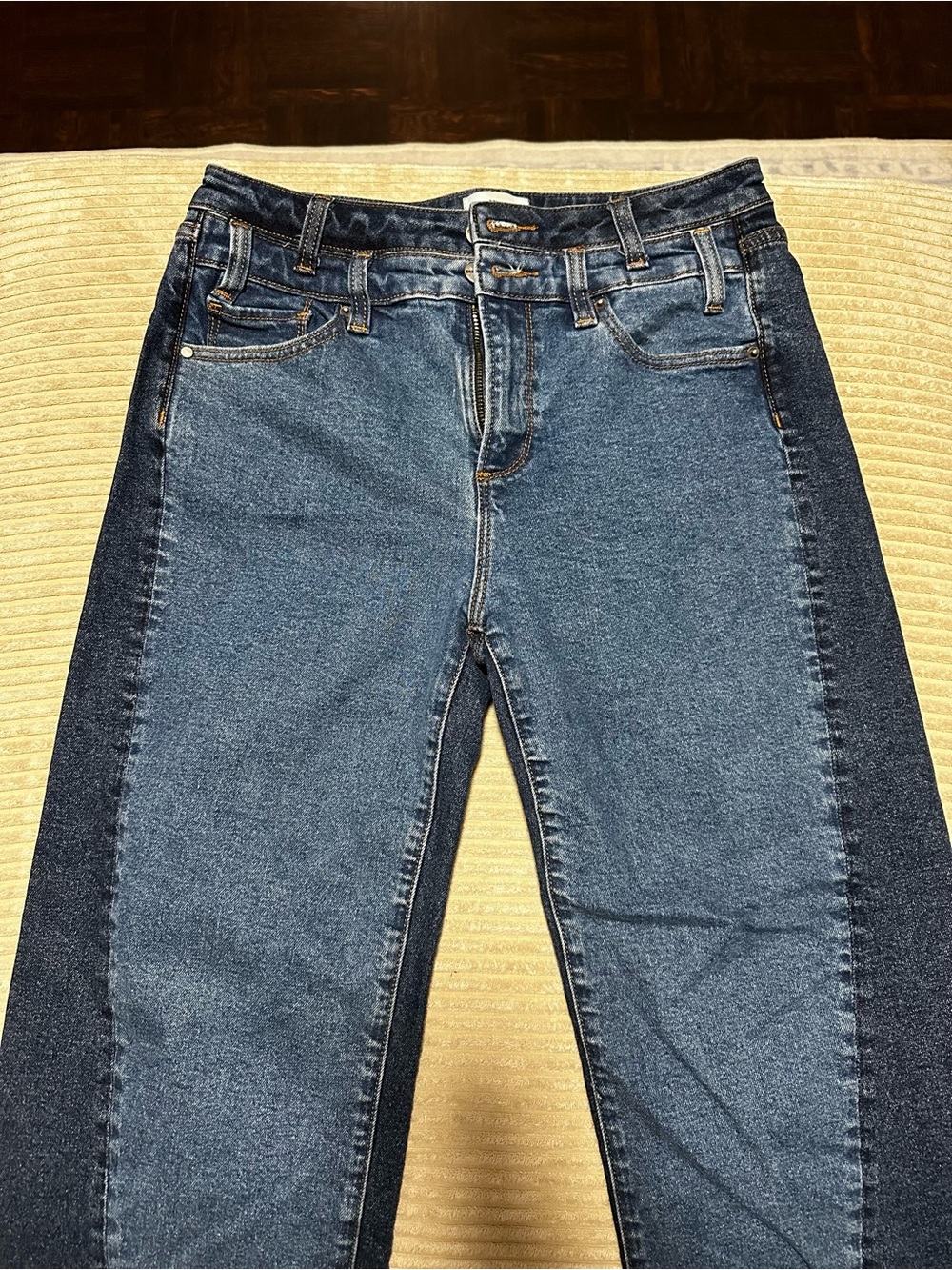 CeCe Two-Tone Straight Leg Jeans in Dark and Medium Blue